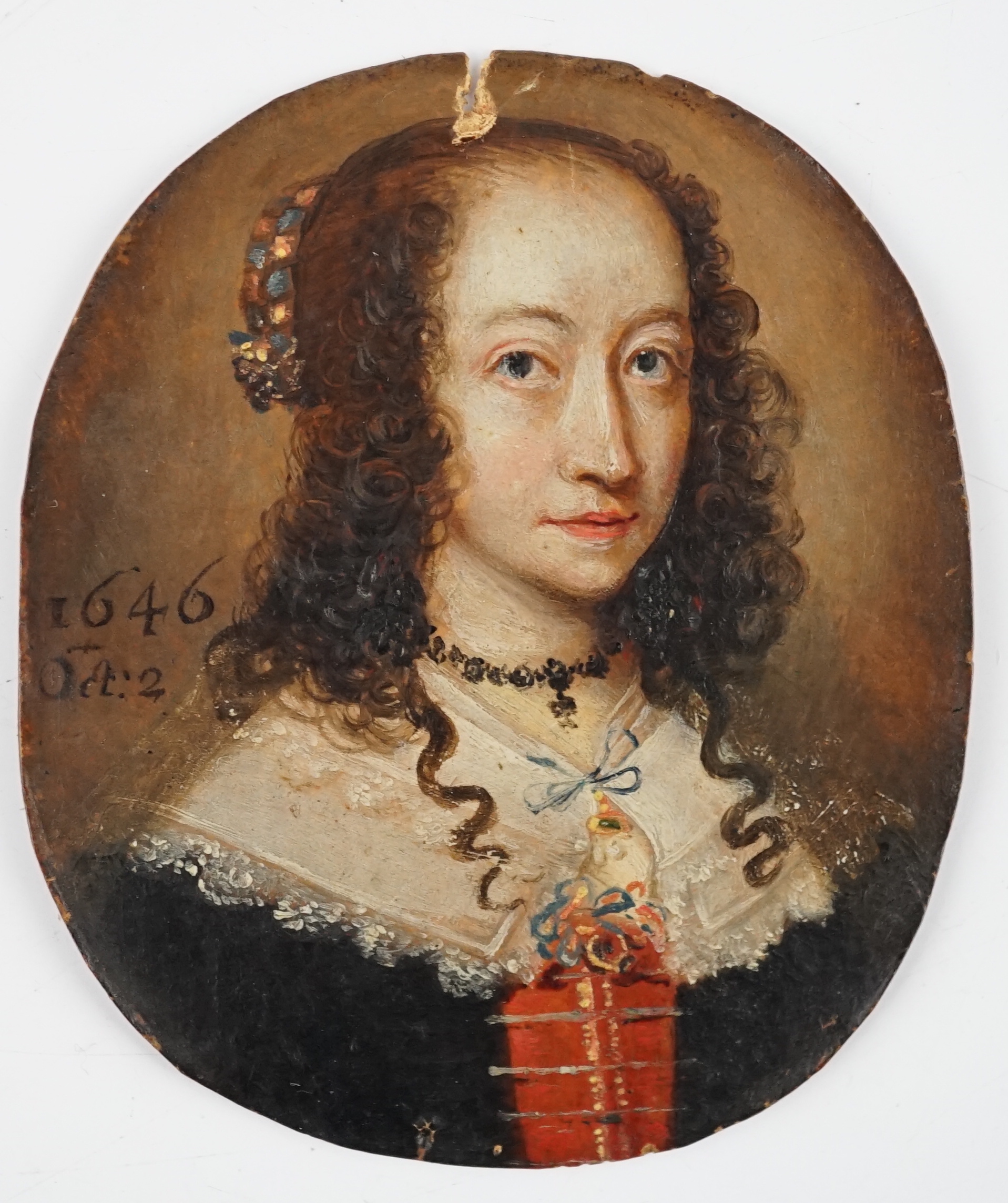 English School circa 1646, Portrait miniature of a noblewoman, oil on card, 6 x 5.1cm.